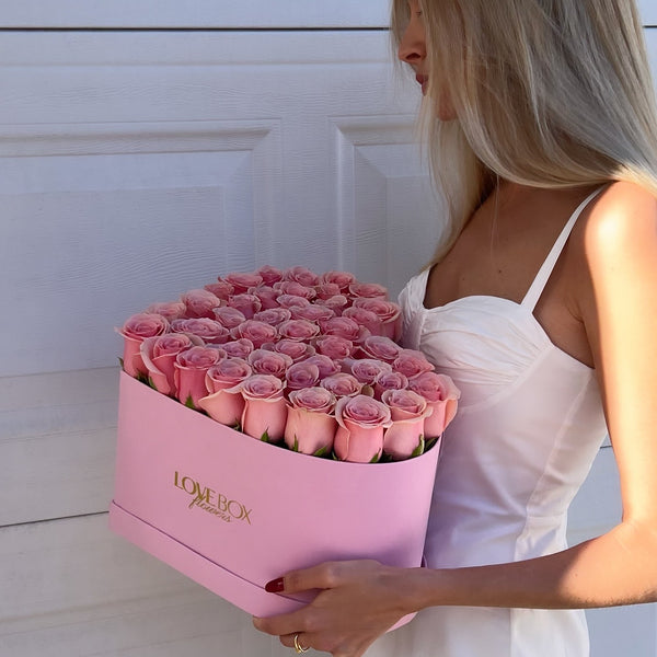 Baby Pink Roses in Large Pink Suede Heart Box