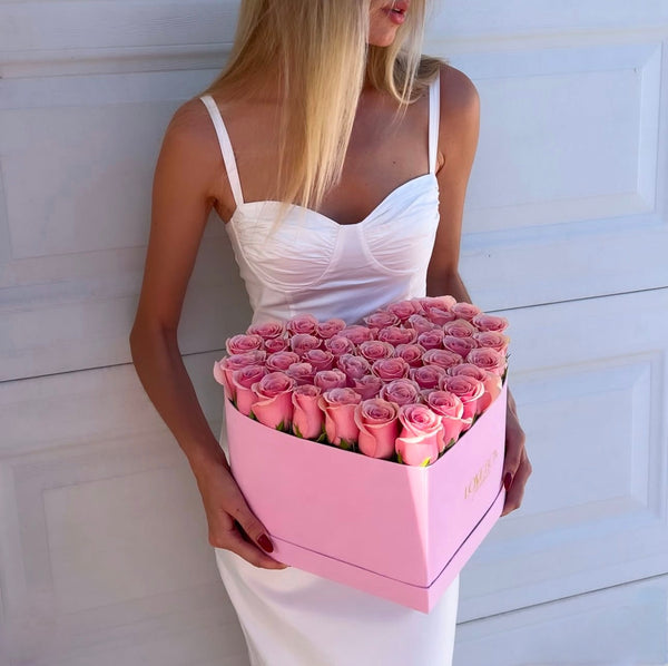 Baby Pink Roses in Large Pink Suede Heart Box