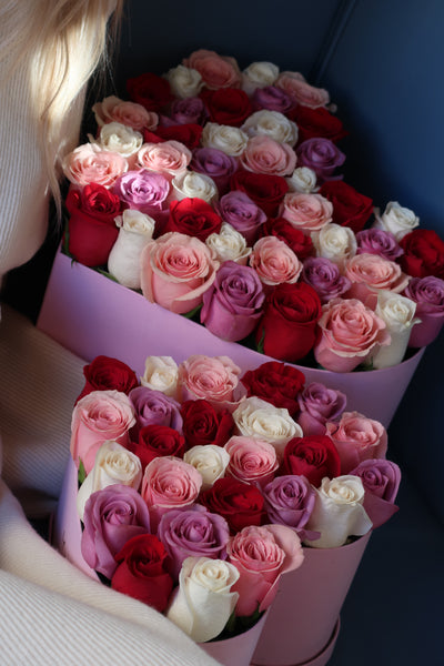 Baby Pink, White, Violet & Red Roses in Large Pink Suede Heart Box