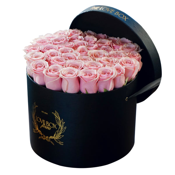 Baby Pink Roses in Large Black Box