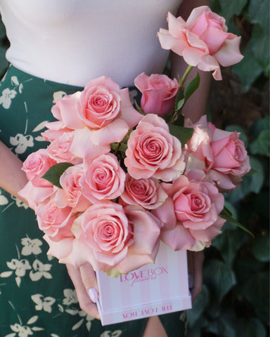 Rose Bouquet in Striped Square Box
