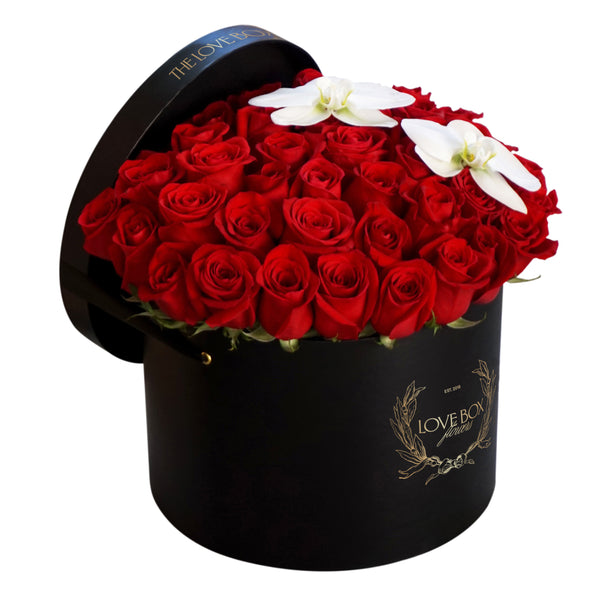 Red Roses & Orchid Flowers in Large Box