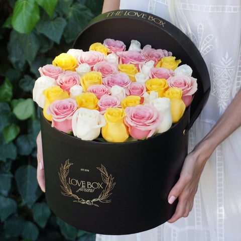 Baby Pink, Yellow & White Roses in Large Box