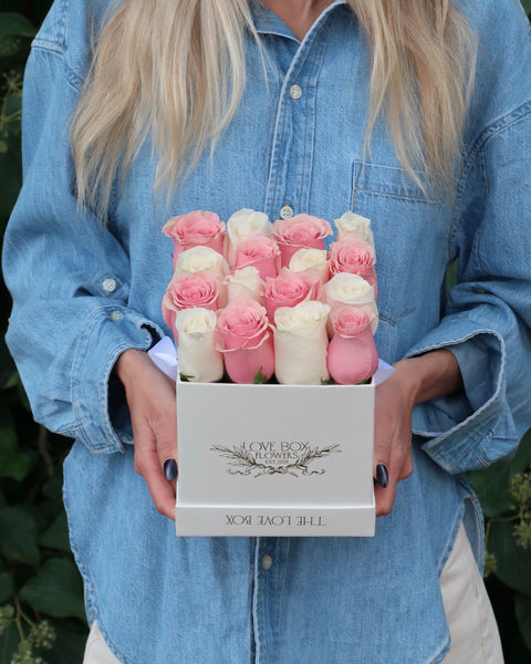 Baby Pink & White Roses in Medium Square Box