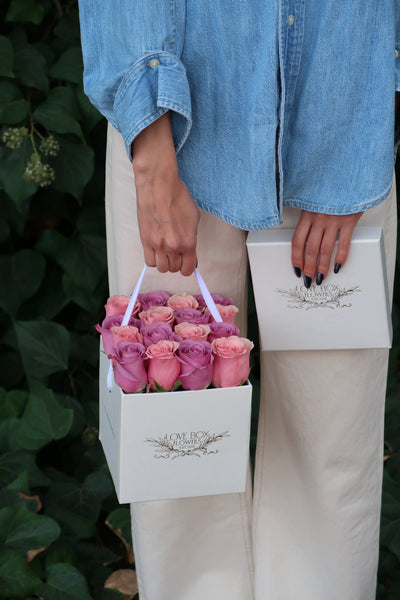 Baby Pink & Violet Roses in Medium Square Box