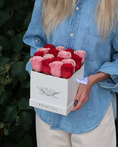 Baby Pink & Red Roses in Medium Square Box