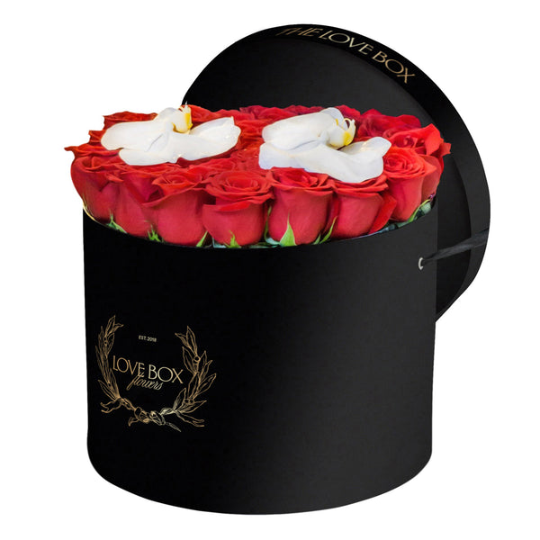Red Roses with Orchid Flowers in Large Box