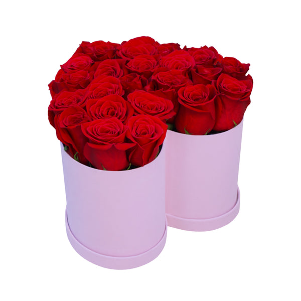 Red Roses in Medium Pink Suede Heart Box