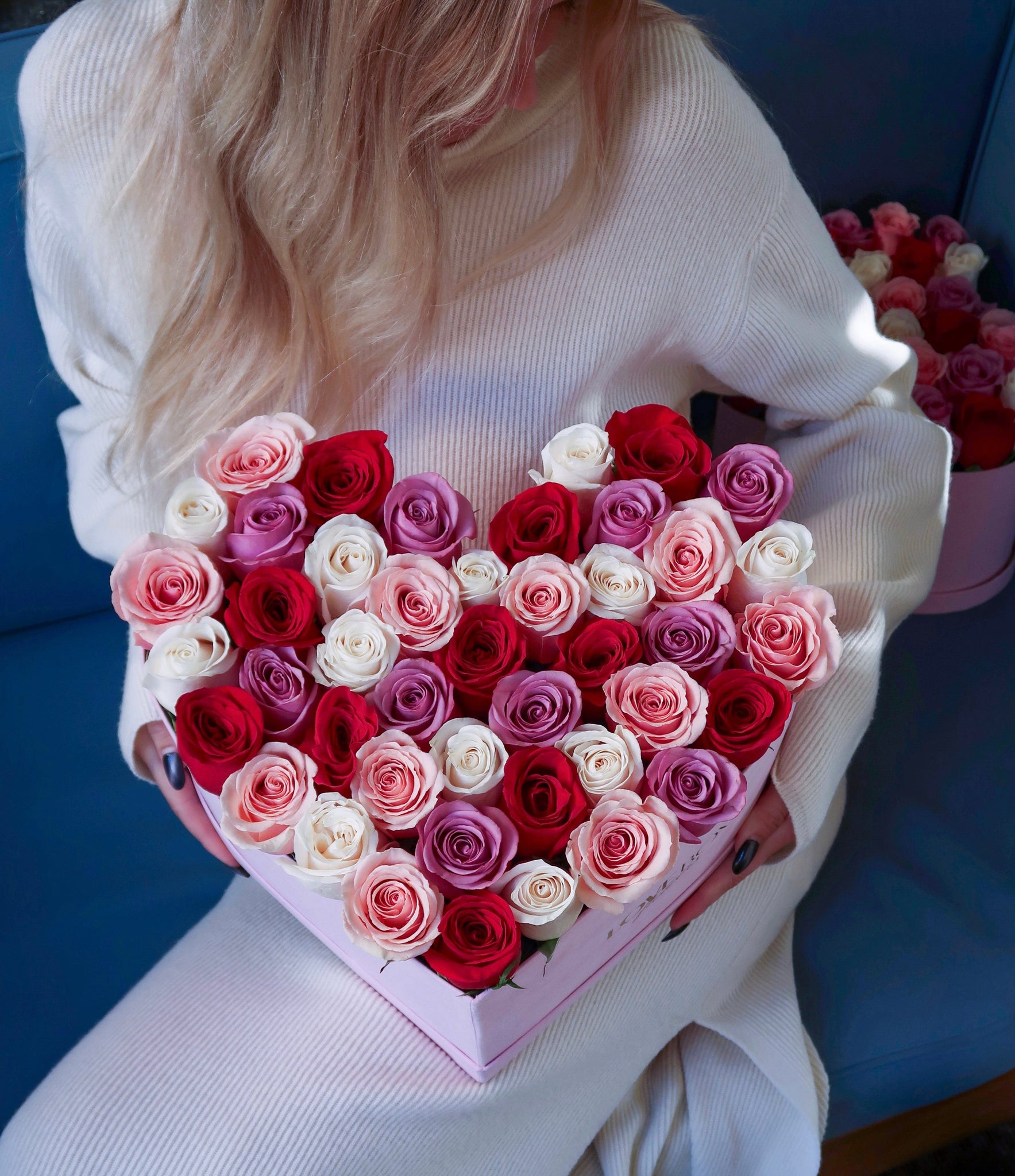 Baby Pink, White, Violet & Red Roses in Large Pink Suede Heart Box