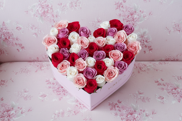 Baby Pink, White, Violet & Red Roses in Large Pink Suede Heart Box