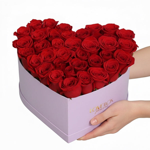 Red Roses in Large Pink Suede Heart Box - The Love Box Flowers