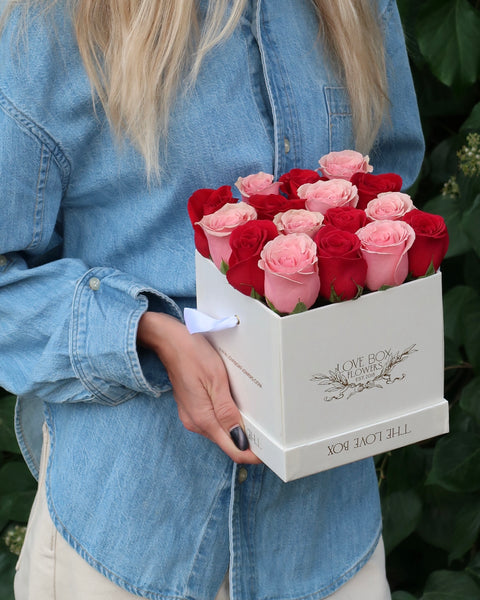 Baby Pink & Red Roses in Medium Square Box