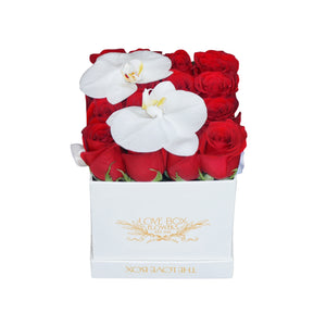 Red Roses with Orchid Flowers in Medium Square Box