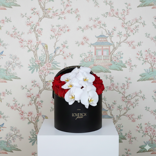 Red Roses with Orchid Branch in Large Box - The Love Box Flowers