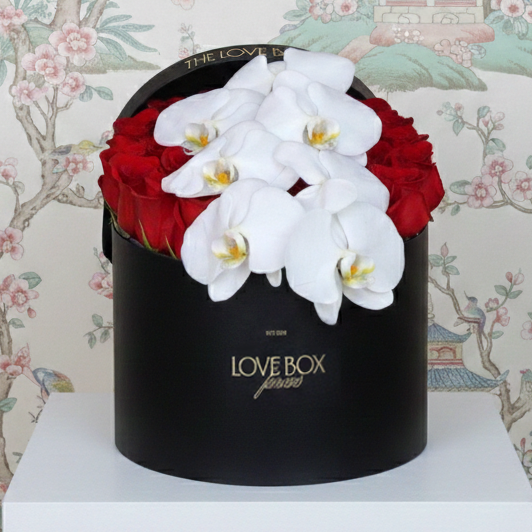 Red Roses with Orchid Branch in Large Box - The Love Box Flowers