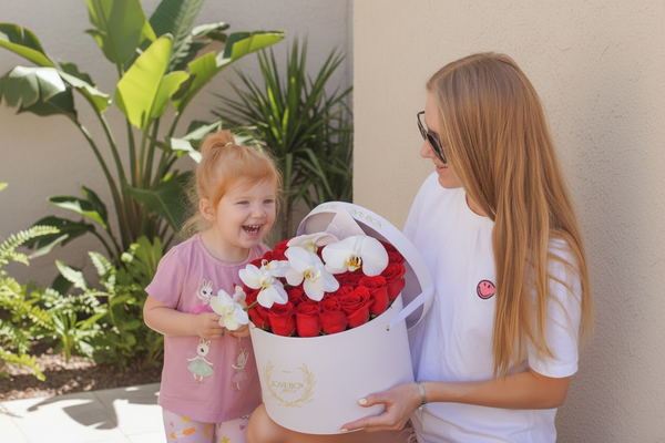 Red Roses with Orchid Branch in Large Box - The Love Box Flowers