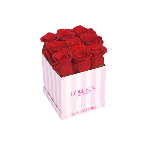 Classic Red Roses in Mini Striped Square Box