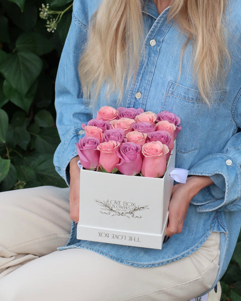 Baby Pink & Violet Roses in Medium Square Box