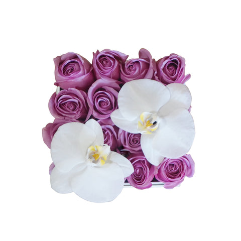 Violet Roses with Orchid Flowers in Medium Square Box