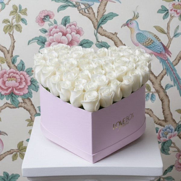 White Roses in Large Pink Suede Heart Box - The Love Box Flowers