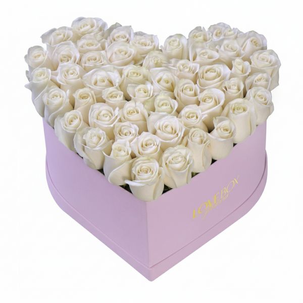White Roses in Large Pink Suede Heart Box