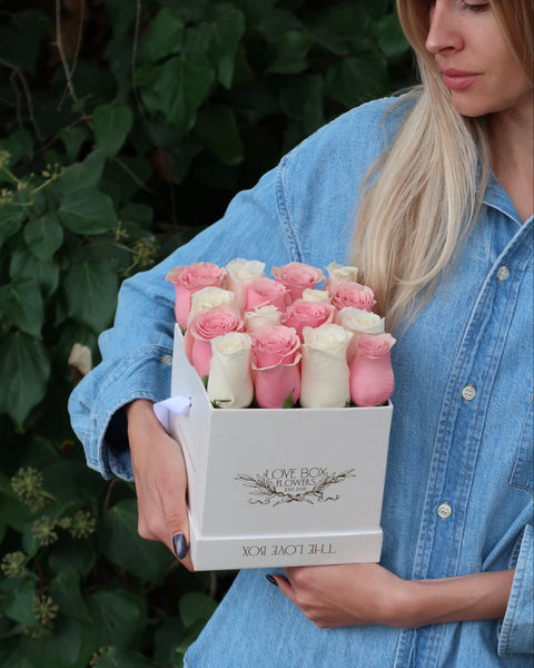 Baby Pink & White Roses in Medium Square Box