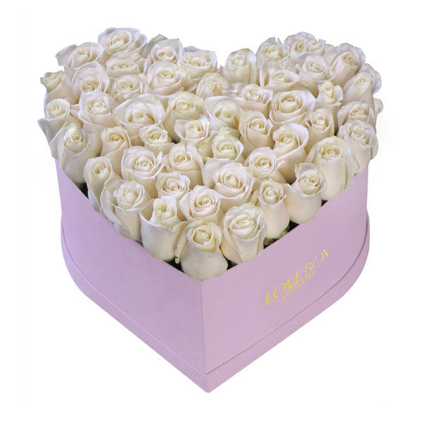 White Roses in Large Pink Suede Heart Box