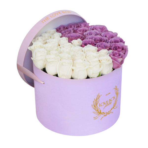 White & Violet Roses in Large Pink Suede Box