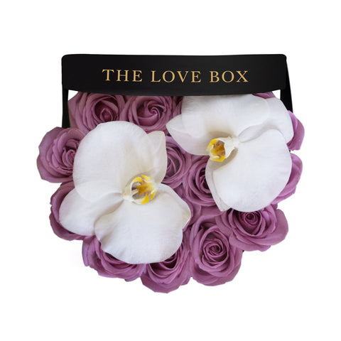 Violet Roses with Orchid Flowers in Medium Black Box