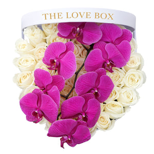 White Roses with Violet Orchid Branch in Large Box