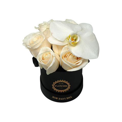 White Roses with Orchid Flower in Mini Black Box