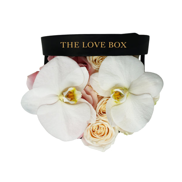 Mixed Roses With Orchid Flowers in Medium Box