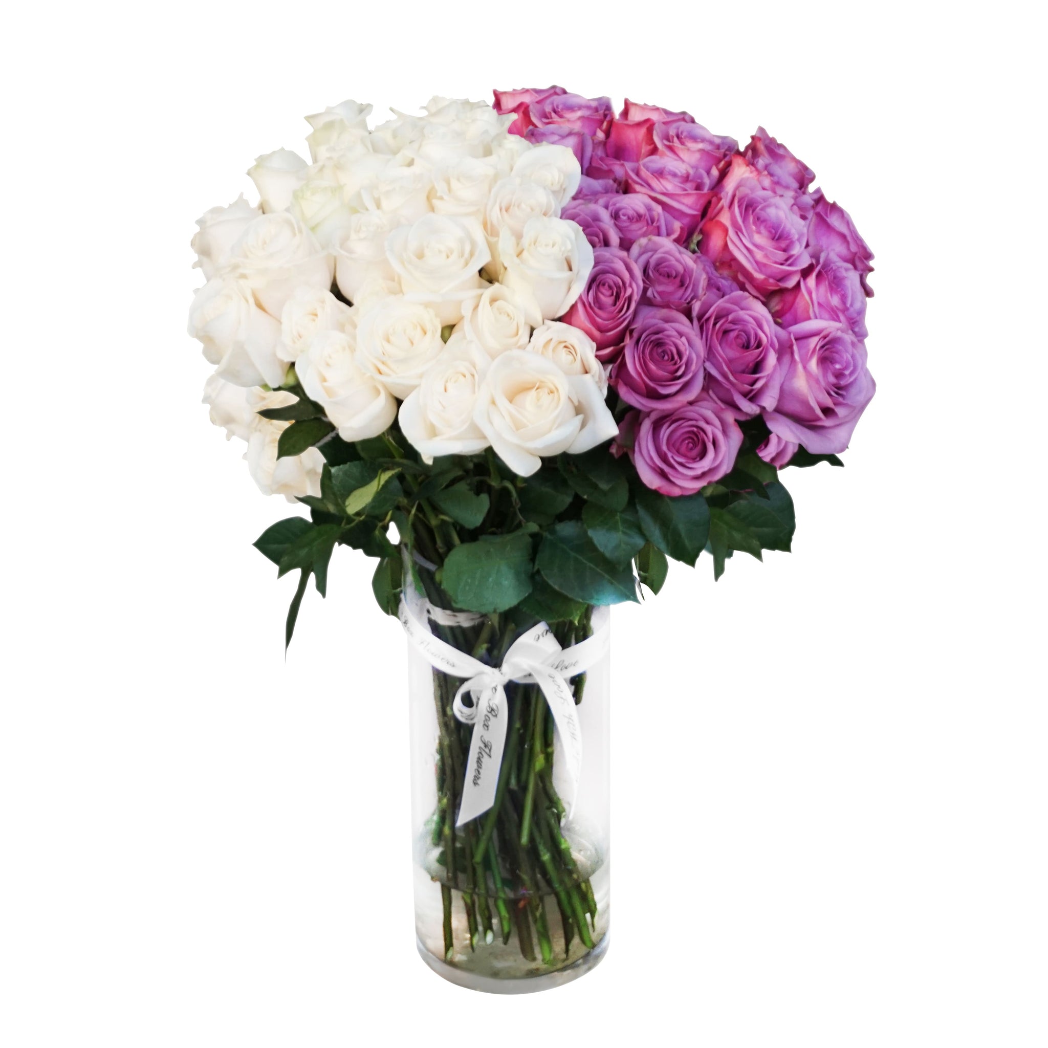 White & Violet Rose Bouquet in Vase