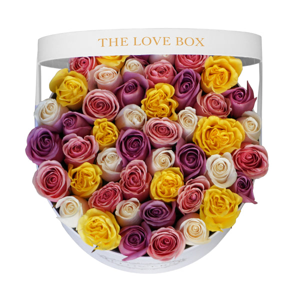 Baby Pink, Violet, Yellow & White Roses in Large Box