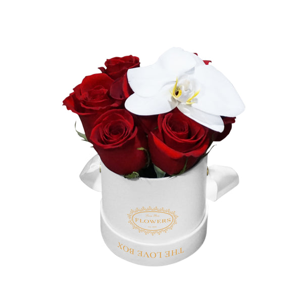 Red Roses with Orchid Flower in Mini Box