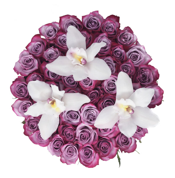 Purple Roses with Orchid Flowers in Large Box - The Love Box Flowers