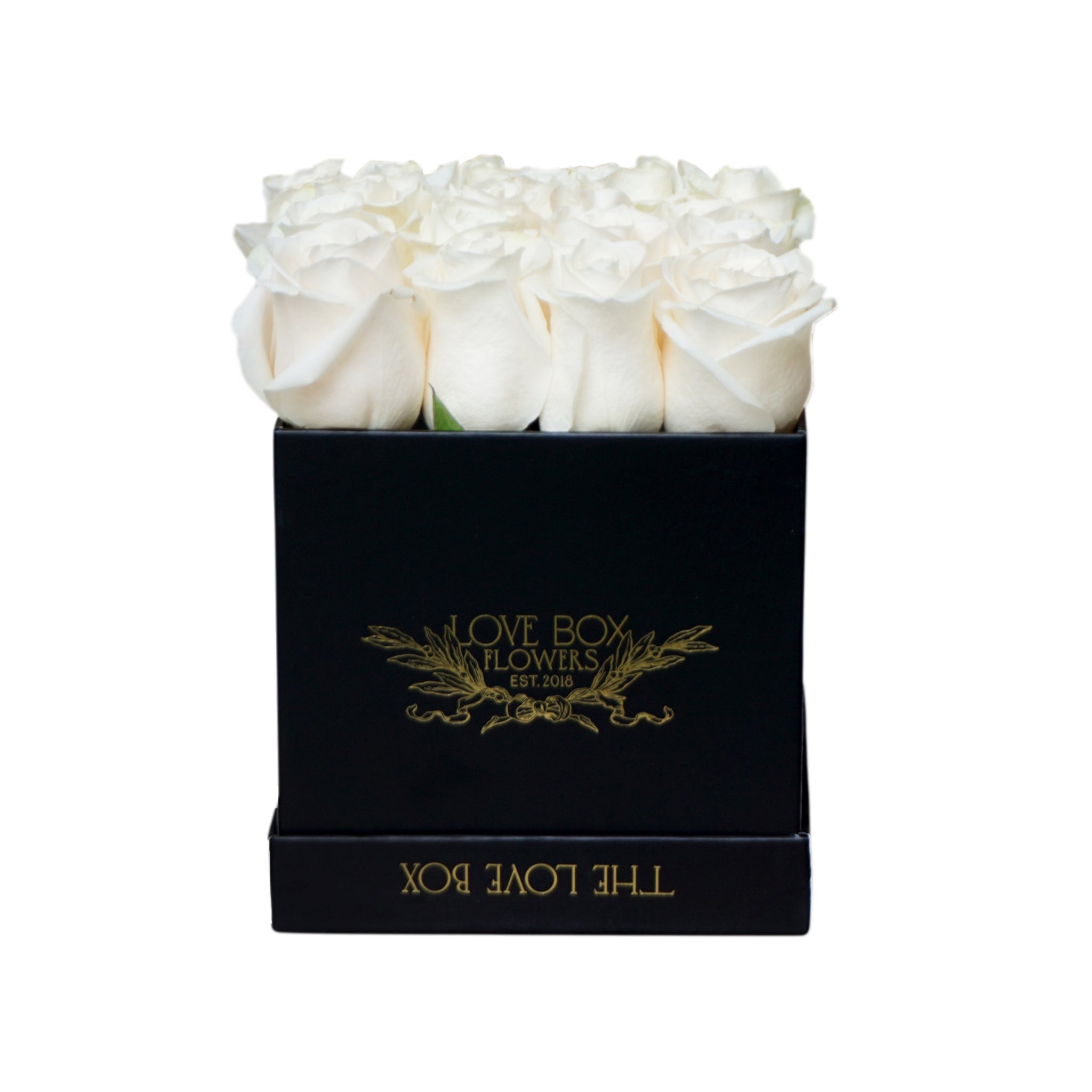 White Roses in Medium Black Square Box