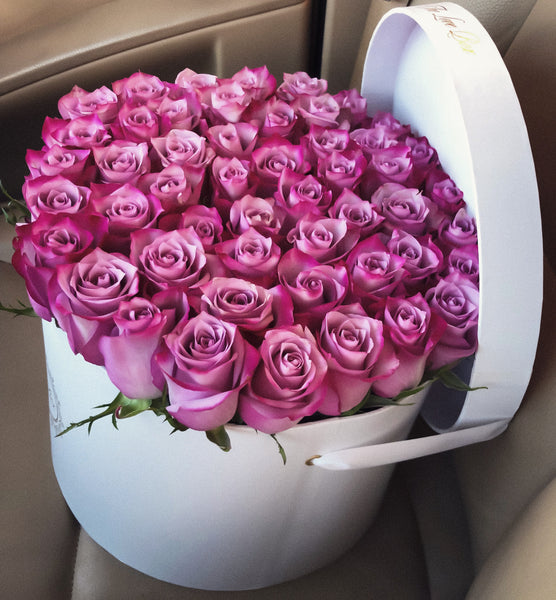 Purple Roses in Large White Box - The Love Box Flowers