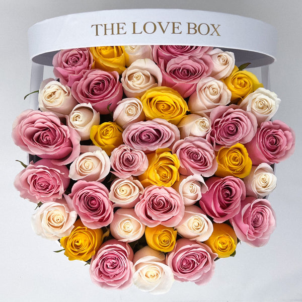 Baby Pink, Yellow & White Roses in Large Box