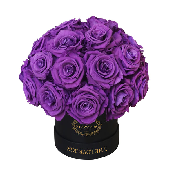 Purple Long Life Roses in Black Box