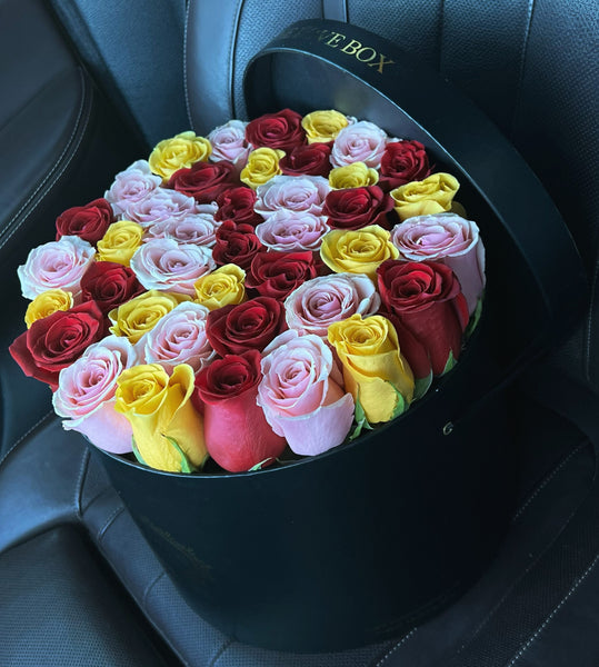 Red, Pink & Yellow "Spice" Roses in Large Box