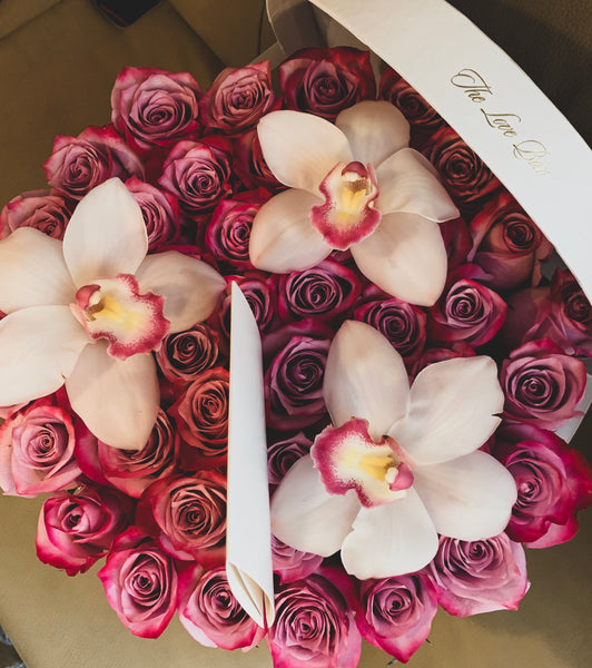 Purple Roses with Orchid Flowers in Large Box - The Love Box Flowers