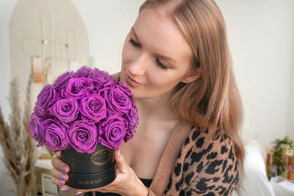 Purple Long Life Roses in Black Box